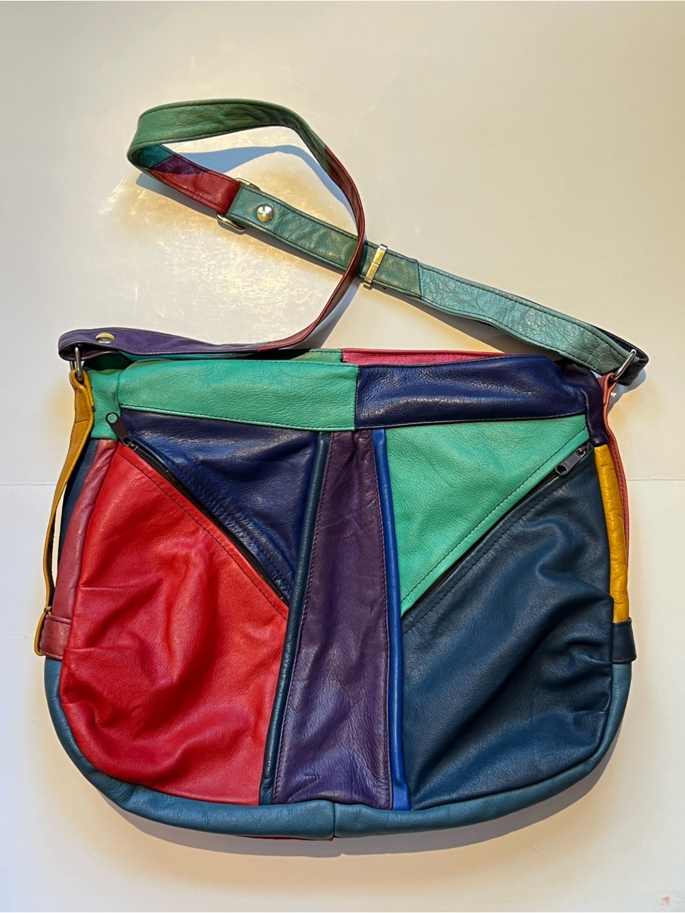 Vintage Multicolor Patchwork Leather Shoulder Bag - Red Green Blue Purple Yellow